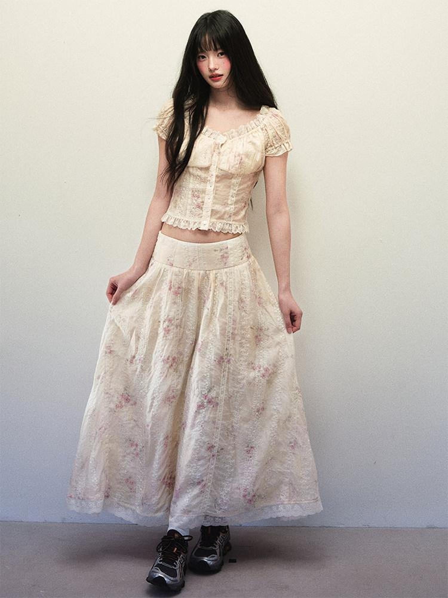 1P STUDIO Beige Lace Slim Short Shirt Low Waist Flared Skirt Women&