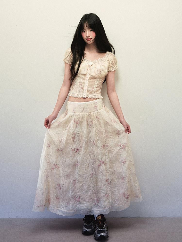 1P STUDIO Beige Lace Slim Short Shirt Low Waist Flared Skirt Women&