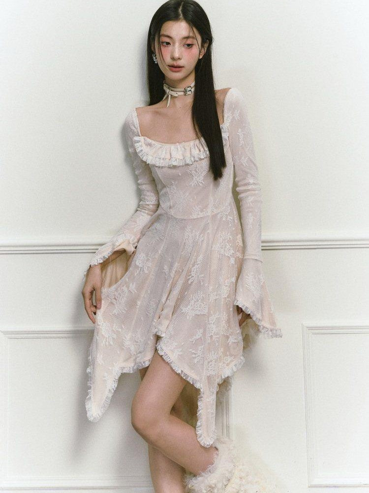 1P STUDIO Beige Lace Trim Square Neck A Line High Waist Women&