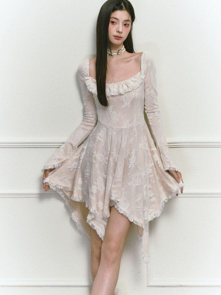 1P STUDIO Beige Lace Trim Square Neck A Line High Waist Women&