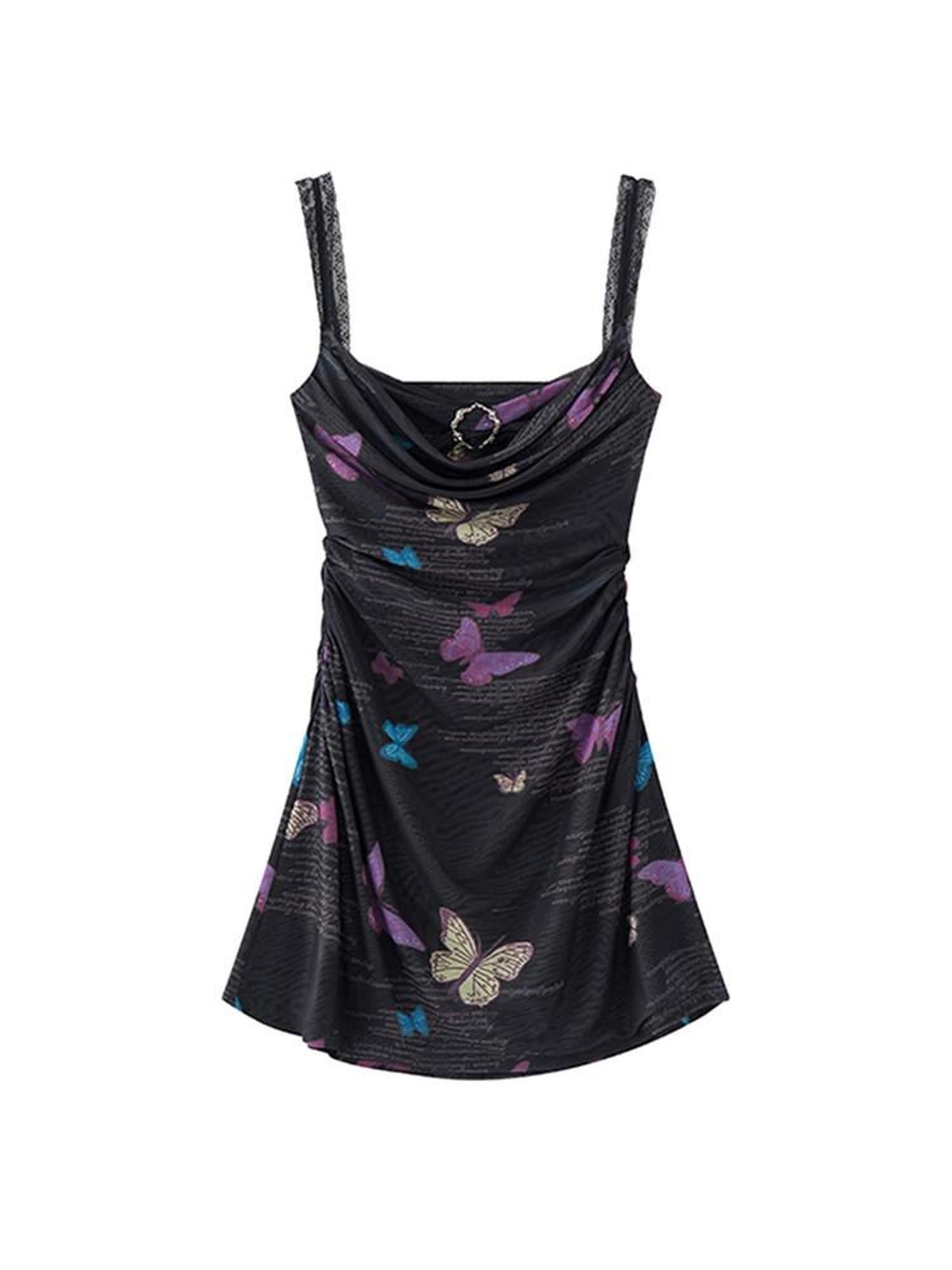 1P STUDIO Black Butterfly Print A Line Cinched Waist Women&