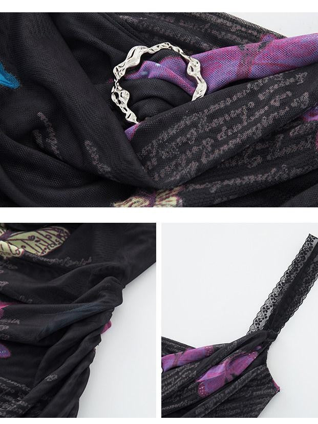 1P STUDIO Black Butterfly Print A Line Cinched Waist Women&