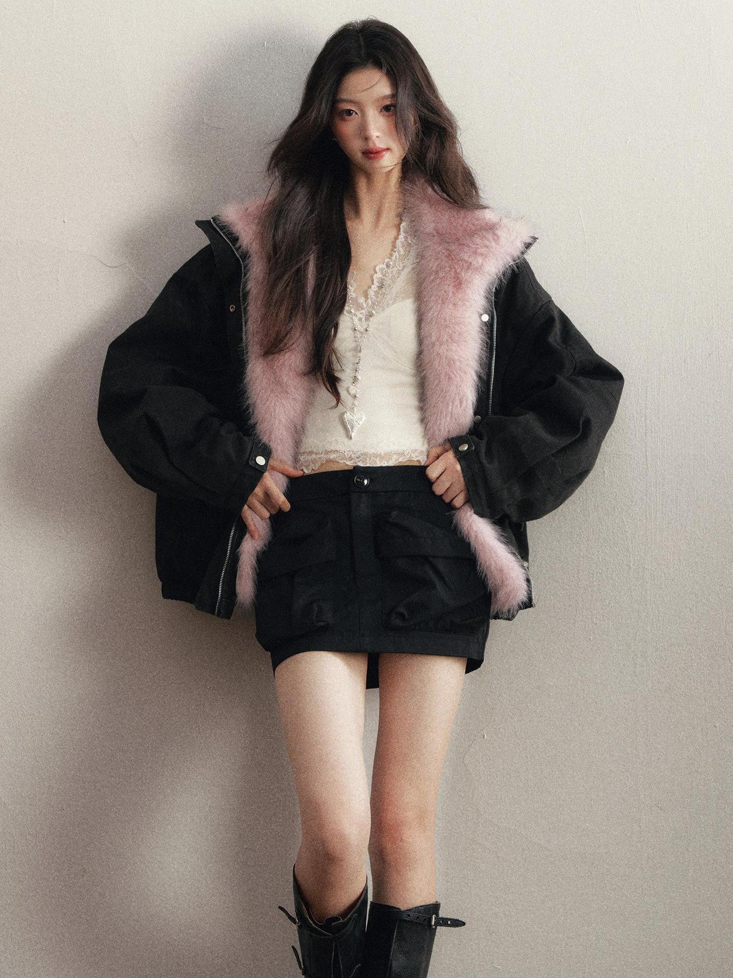 1P STUDIO Black Detachable Faux Mink Collar Oversized Women&