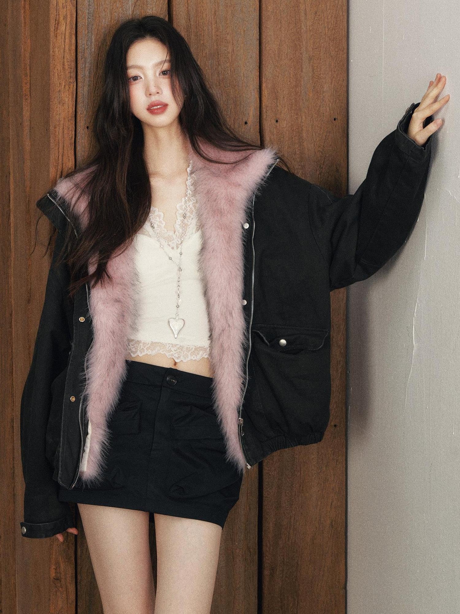1P STUDIO Black Detachable Faux Mink Collar Oversized Women&