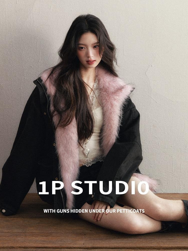 1P STUDIO Black Detachable Faux Mink Collar Oversized Women&