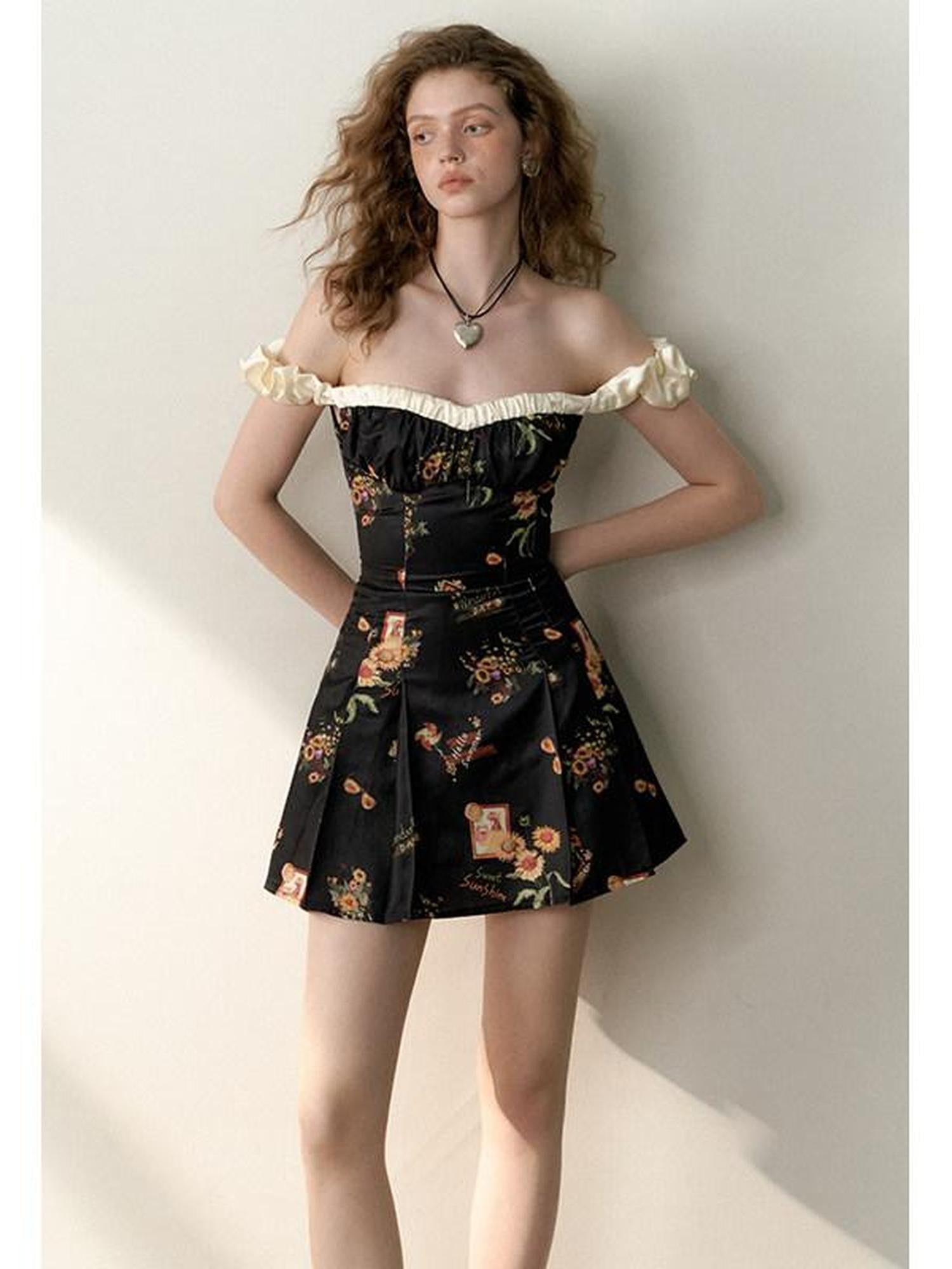 1P STUDIO Black Floral Bustier One Shoulder Women&