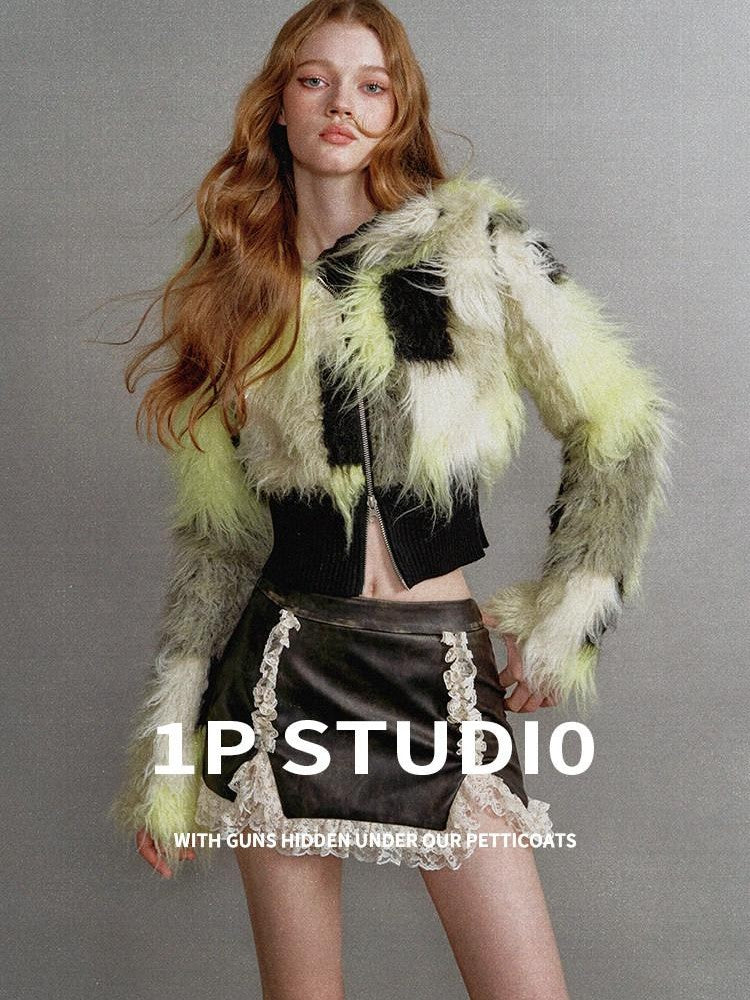 1P STUDIO Black Green Colorblock Patchwork Lapel Women&