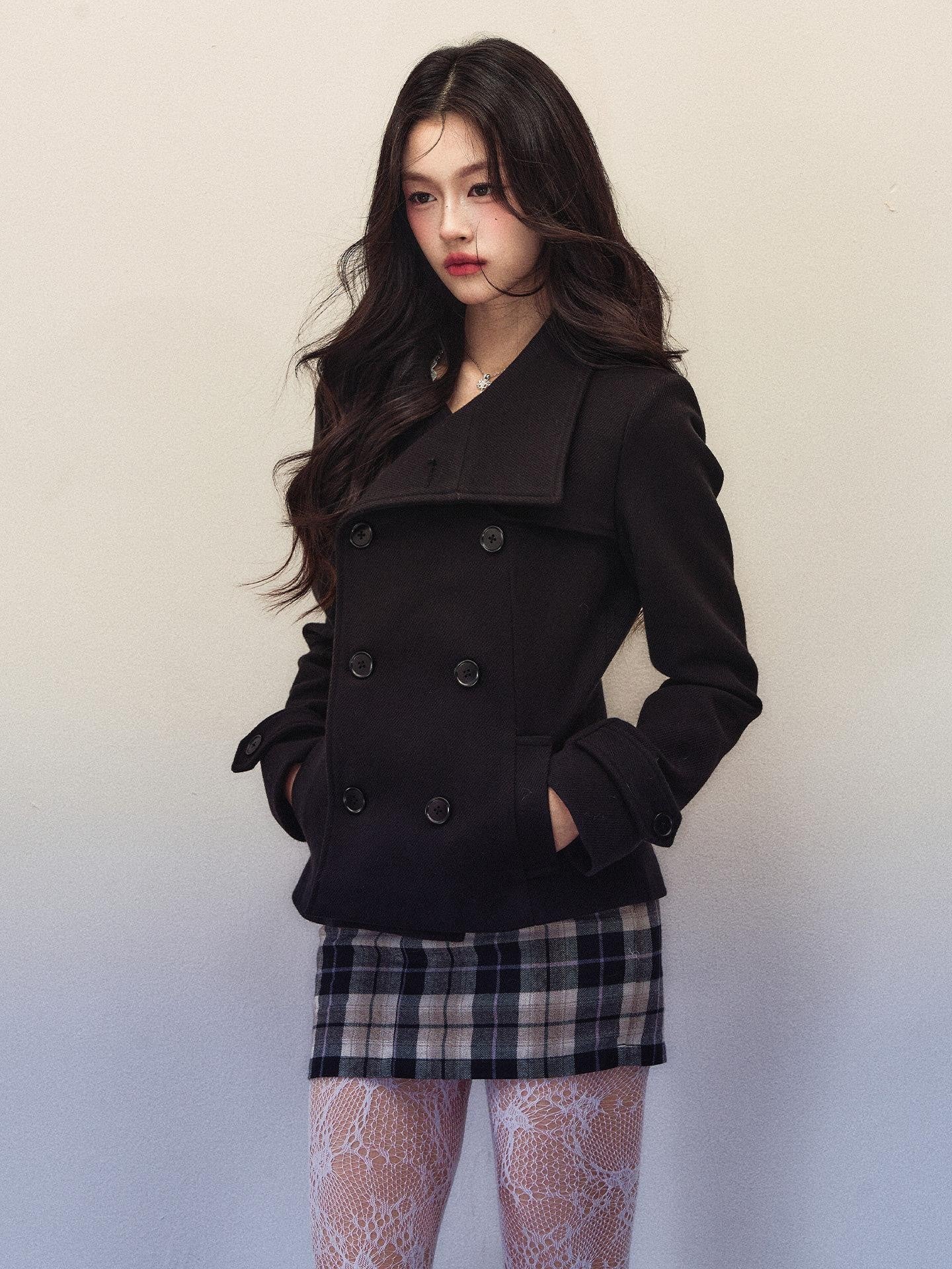 1P STUDIO Black Large Lapel Double Breasted Plaid Short Coat Women&