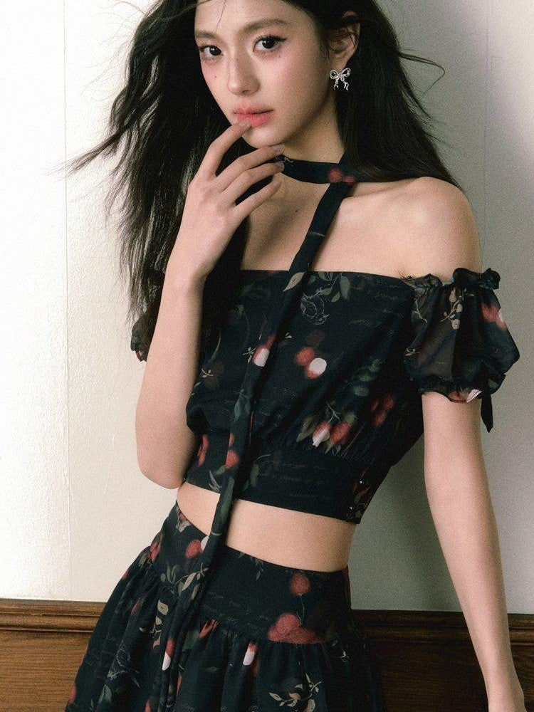 1P STUDIO Black Red Lychee Floral Off Shoulder Women&