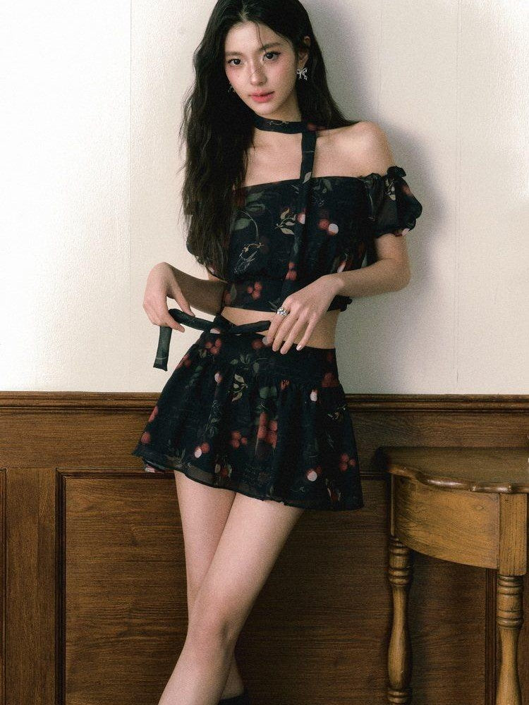 1P STUDIO Black Red Lychee Floral Off Shoulder Women&