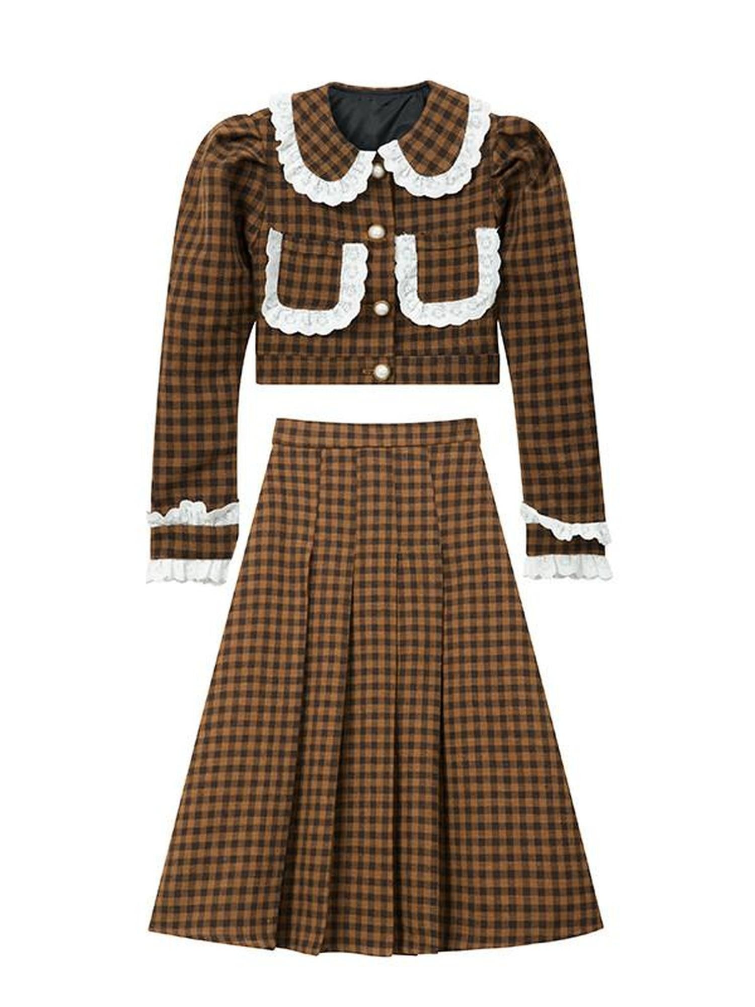 1P STUDIO Brown Plaid Lace Trim Women&