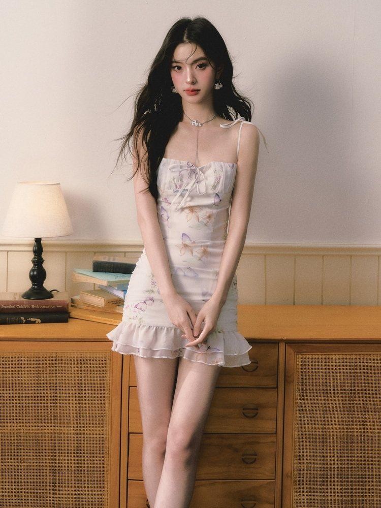 1P STUDIO Butterfly Floral Ruffle Bardot Fitted Women&