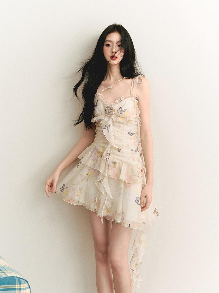1P STUDIO Butterfly Print 3d Floral Asymmetrical Ribbon Women&
