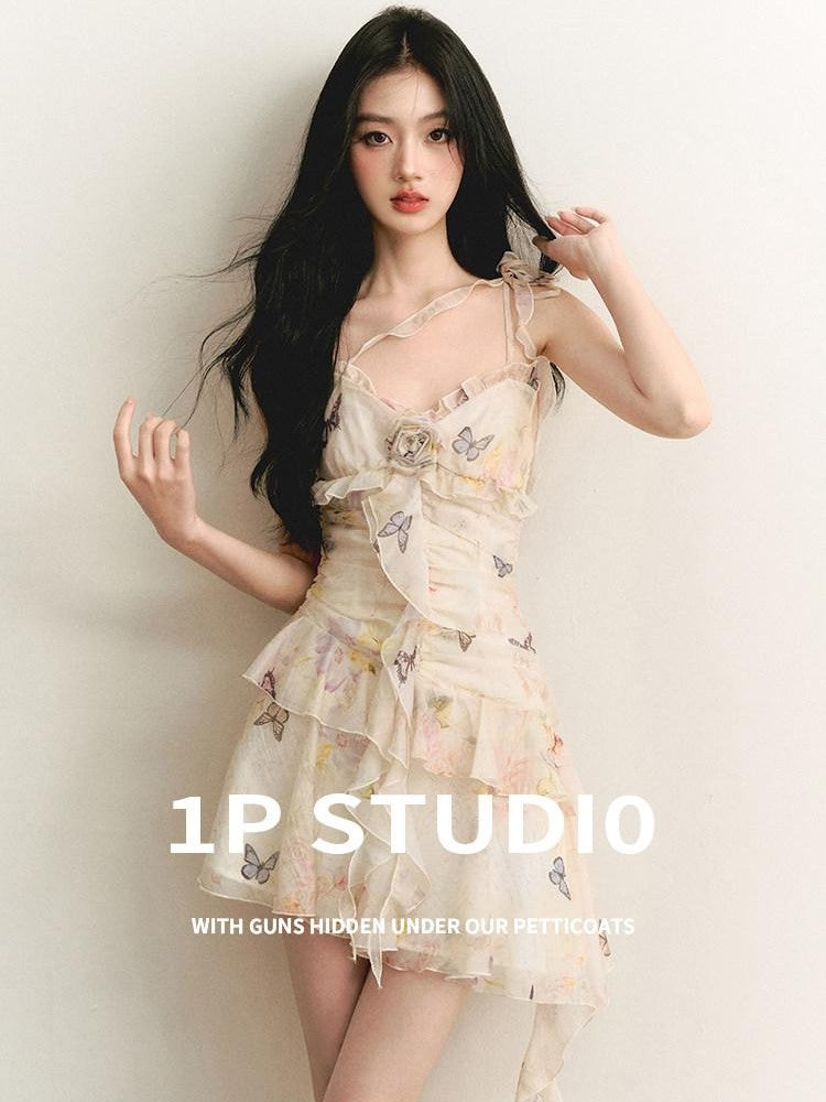 1P STUDIO Butterfly Print 3d Floral Asymmetrical Ribbon Women&