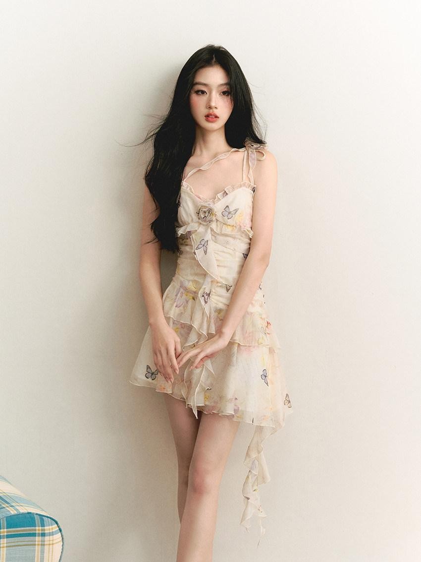 1P STUDIO Butterfly Print 3d Floral Asymmetrical Ribbon Women&