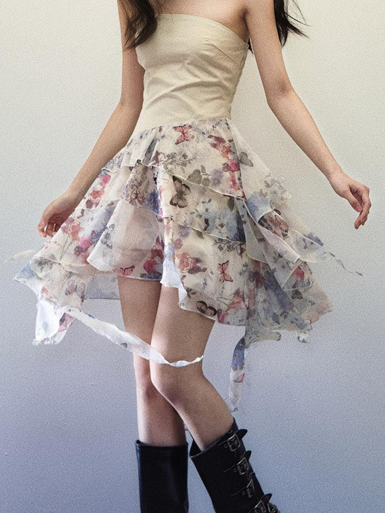 1P STUDIO Butterfly Print Patchwork Strapless A Line Women&