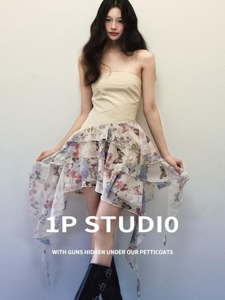 1P STUDIO Butterfly Print Patchwork Strapless A Line Women&