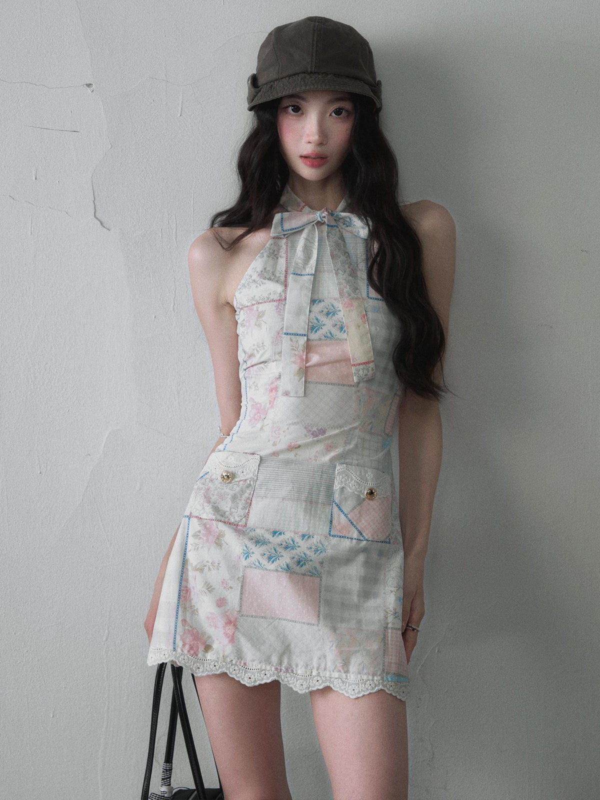 1P STUDIO Colorblock Bow Tie Lace Trim Print Women&