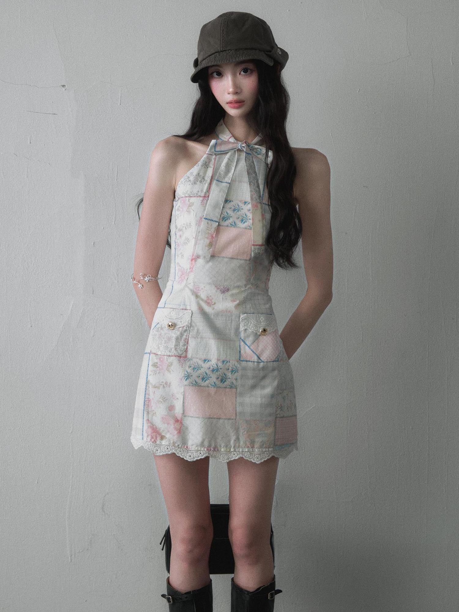 1P STUDIO Colorblock Bow Tie Lace Trim Print Women&