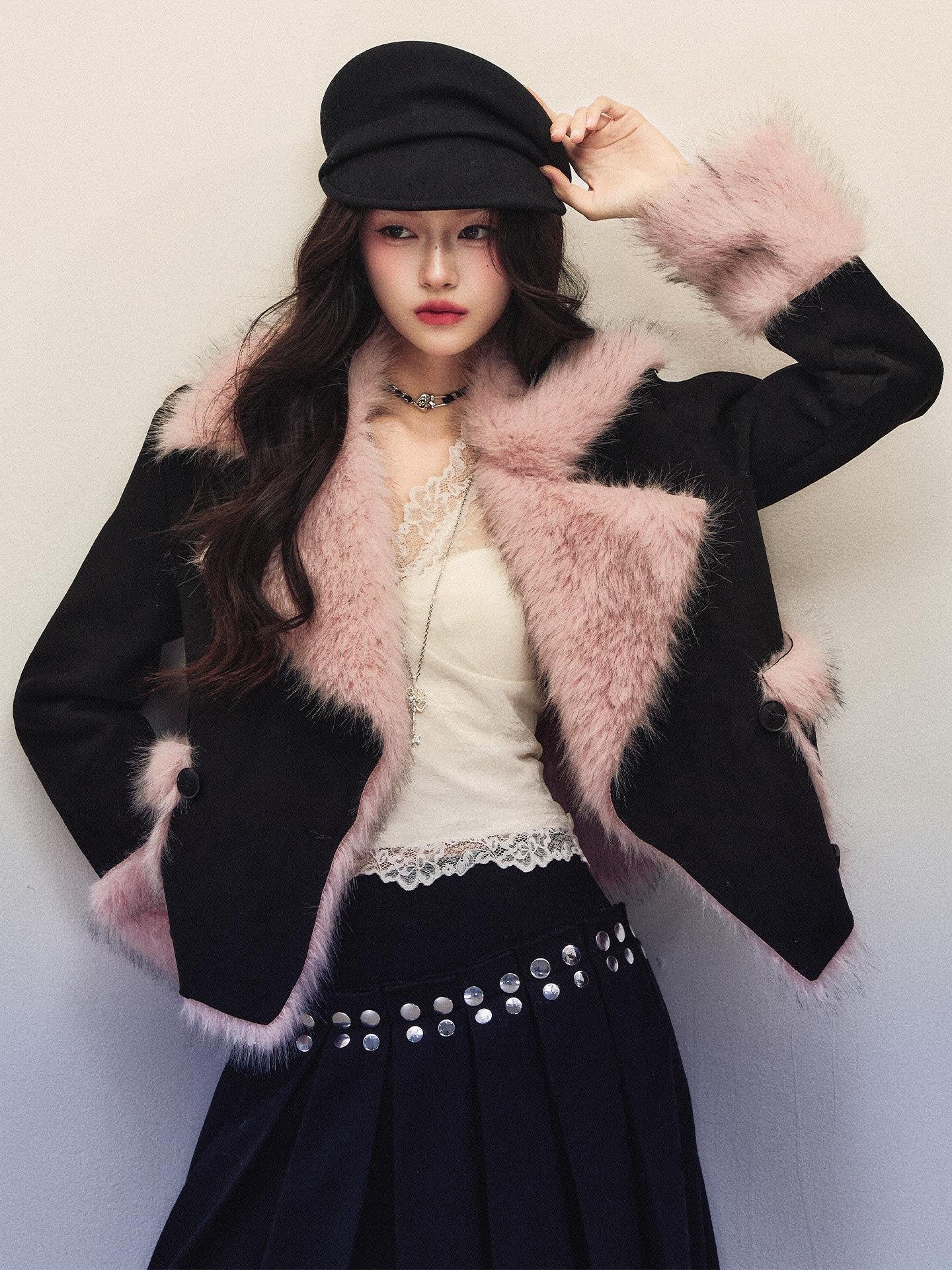1P STUDIO Colorblock Pink Fur Collar Double Breasted Suede Women&