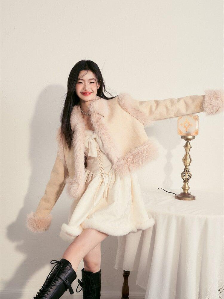 1P STUDIO Contrast Colorblock Suede Shearling Patchwork Women&