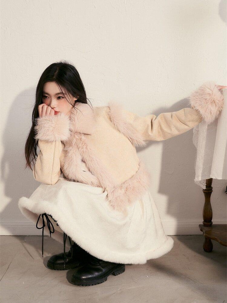 1P STUDIO Contrast Colorblock Suede Shearling Patchwork Women&