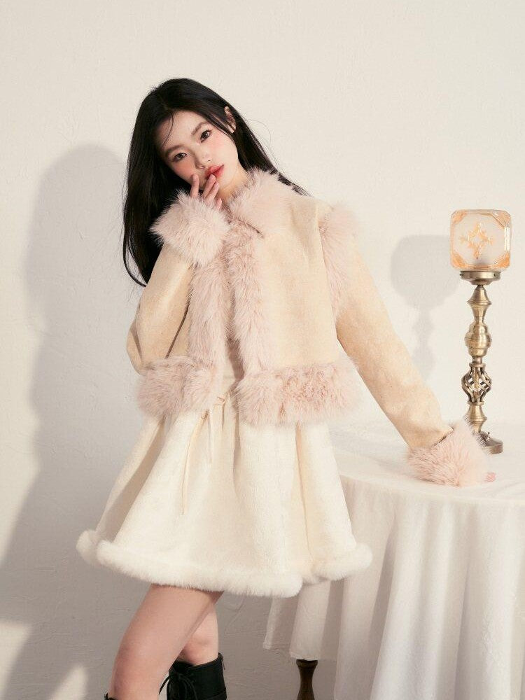 1P STUDIO Contrast Colorblock Suede Shearling Patchwork Women&