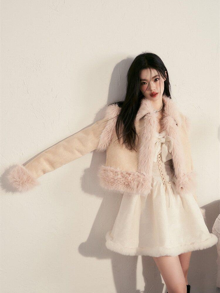 1P STUDIO Contrast Colorblock Suede Shearling Patchwork Women&