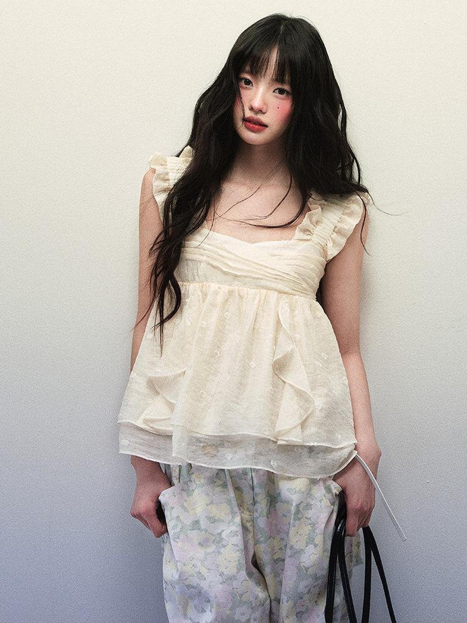 1P STUDIO Cream Dot Jacquard Square Neck Double Layer Women&