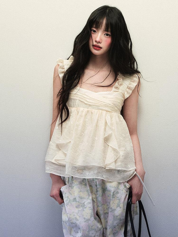 1P STUDIO Cream Dot Jacquard Square Neck Double Layer Women&