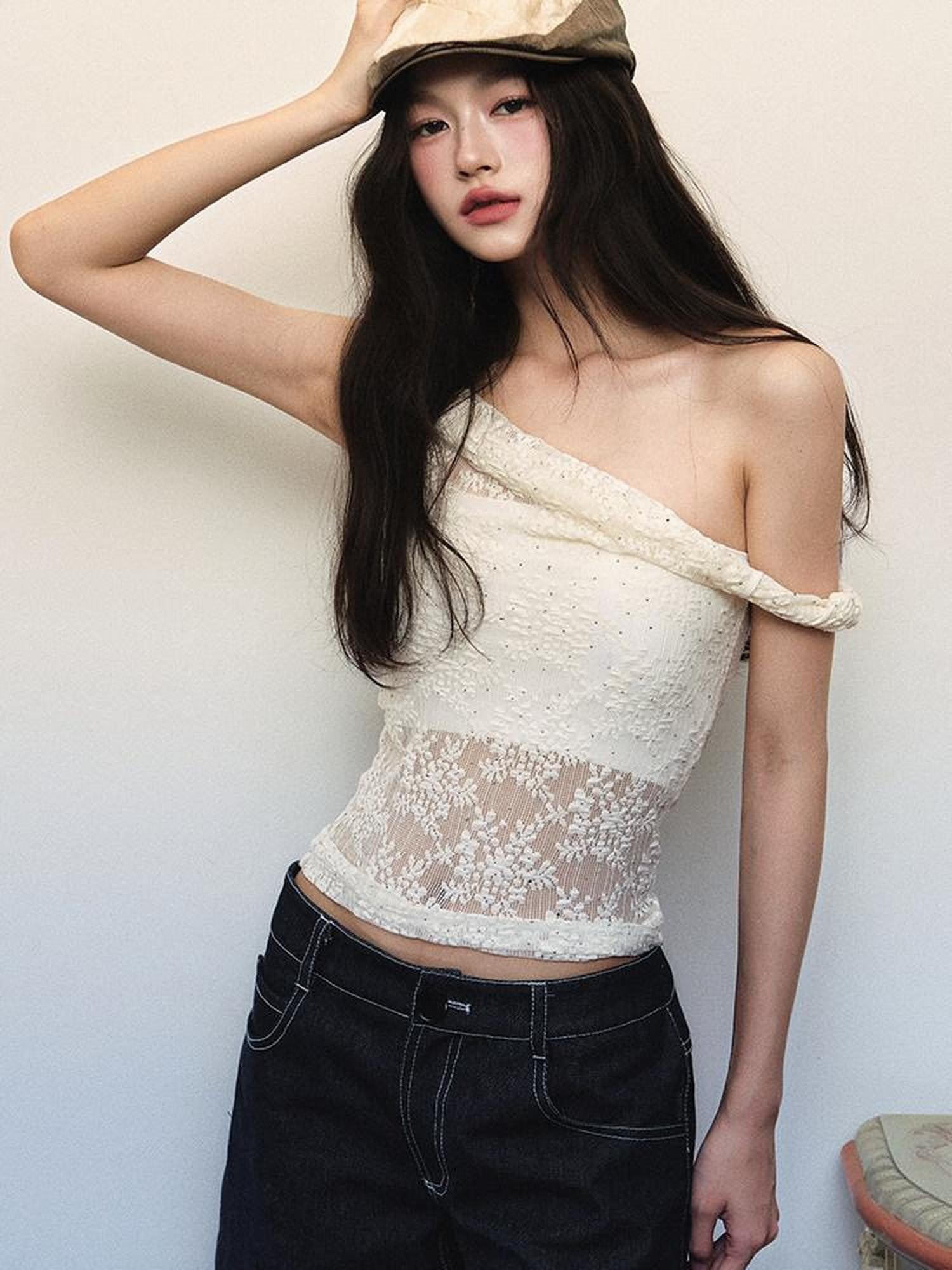 1P STUDIO Cream Lace Jacquard Twist Knot One Shoulder Women&