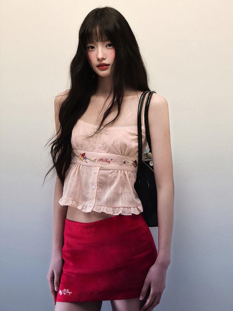 1P STUDIO Cropped Embroidered Ruffle Short Slim Fit Women&