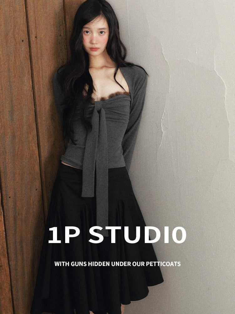 1P STUDIO Deep Heather Grey Spliced Bow Cropped Two Piece Women&