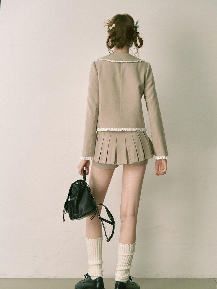 1P STUDIO Doll Collar Tweed Jacket Low Waist Pleated Skirt Women&