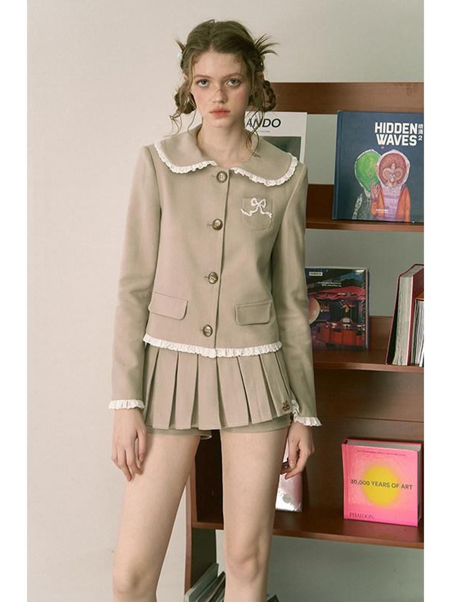 1P STUDIO Doll Collar Tweed Jacket Low Waist Pleated Skirt Women&