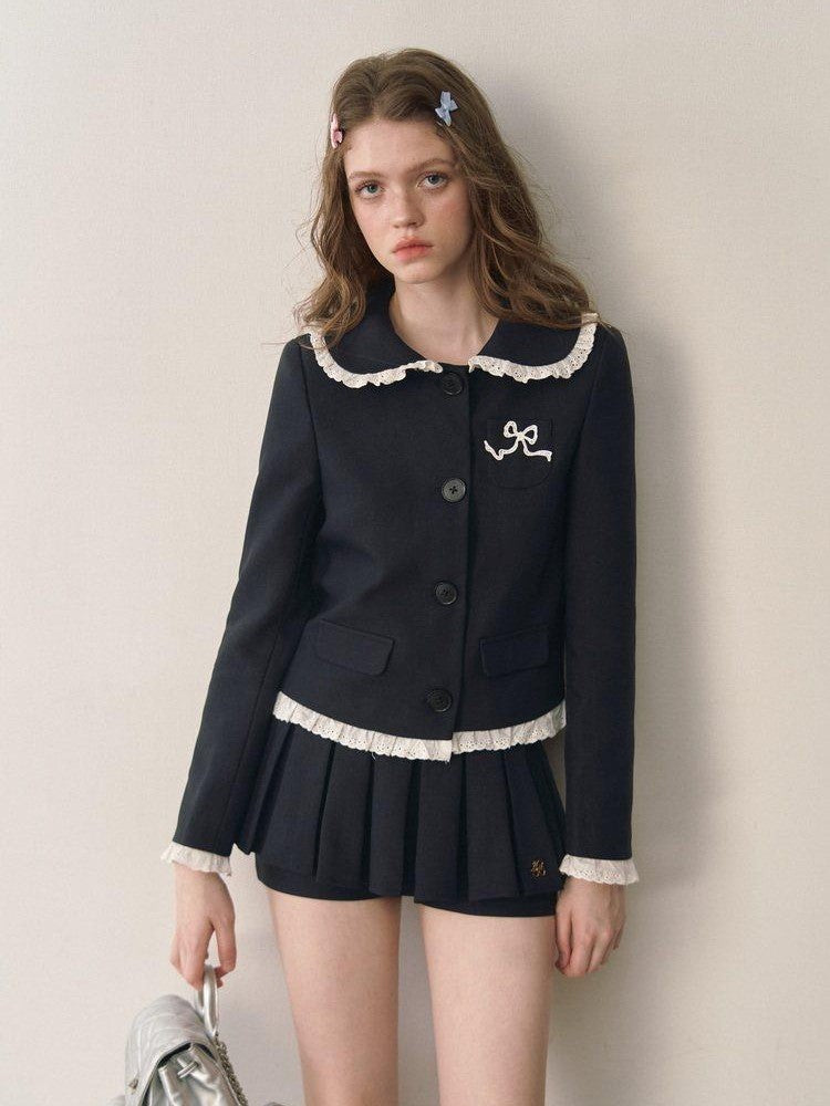 1P STUDIO Doll Collar Tweed Jacket Low Waist Pleated Skirt Women&