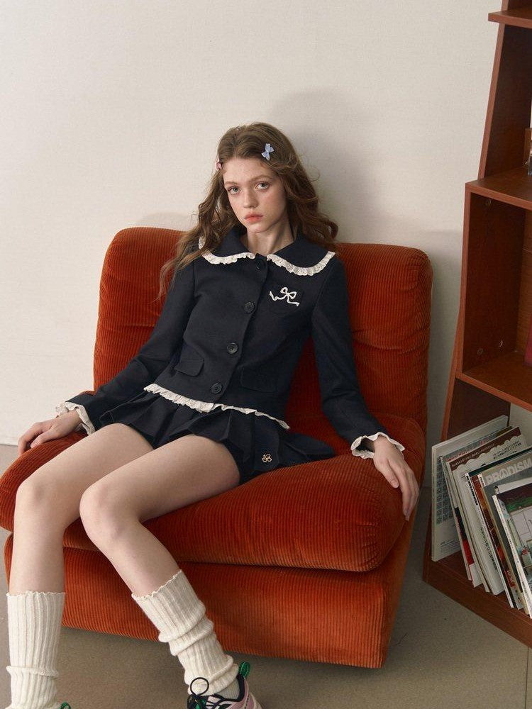 1P STUDIO Doll Collar Tweed Jacket Low Waist Pleated Skirt Women&