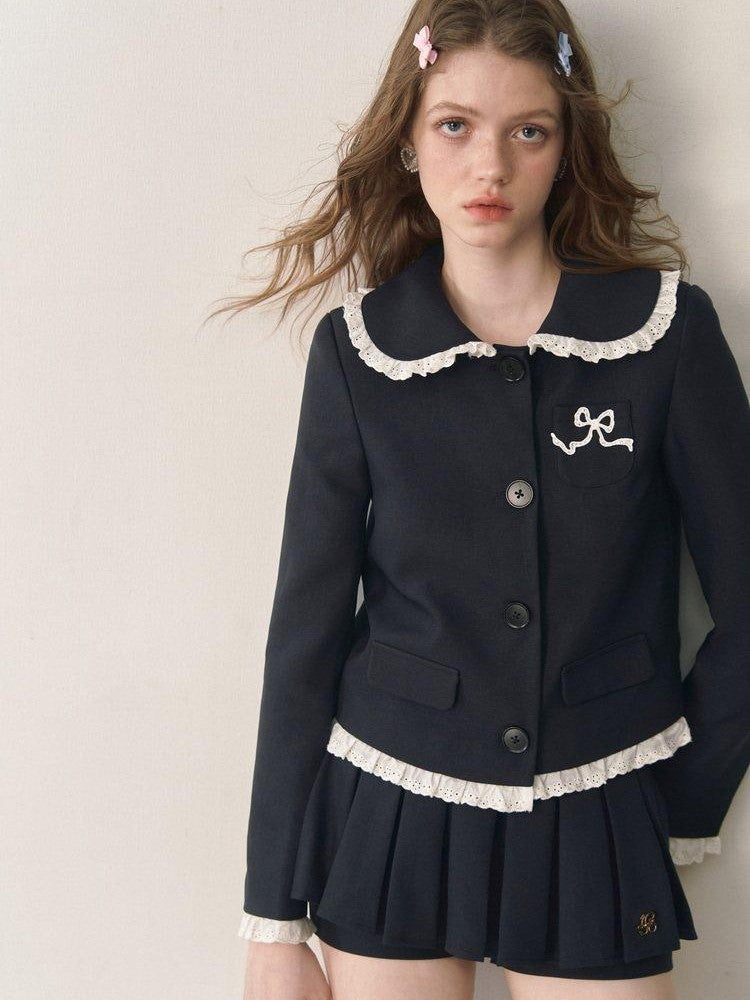 1P STUDIO Doll Collar Tweed Jacket Low Waist Pleated Skirt Women&