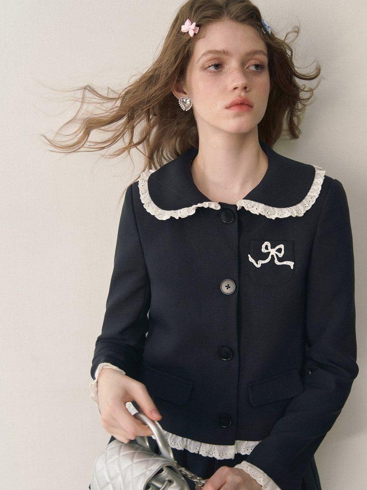 1P STUDIO Doll Collar Tweed Jacket Low Waist Pleated Skirt Women&