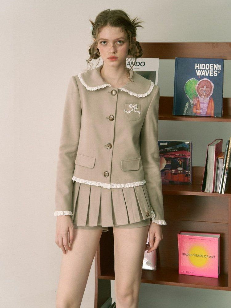 1P STUDIO Doll Collar Tweed Jacket Low Waist Pleated Skirt Women&