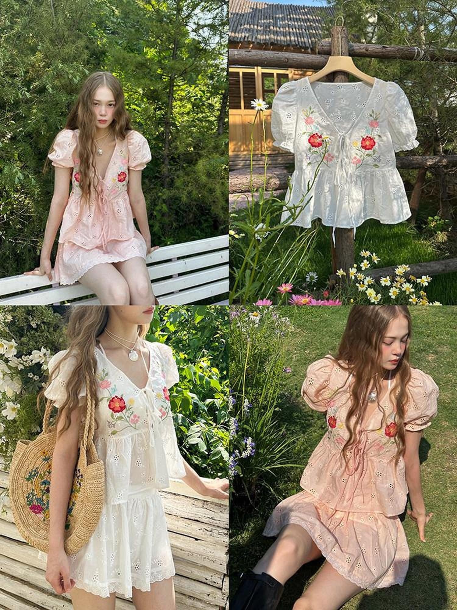 1P STUDIO Embroidered Floral V-neck Lace Shirt Women&