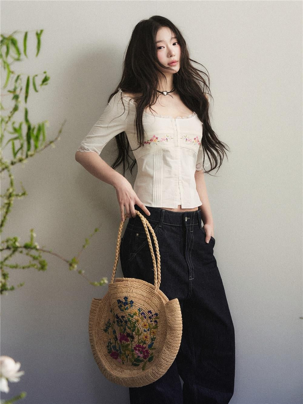 1P STUDIO Embroidered Front Square Neck Lace Trim Cropped Slim Waist Women&
