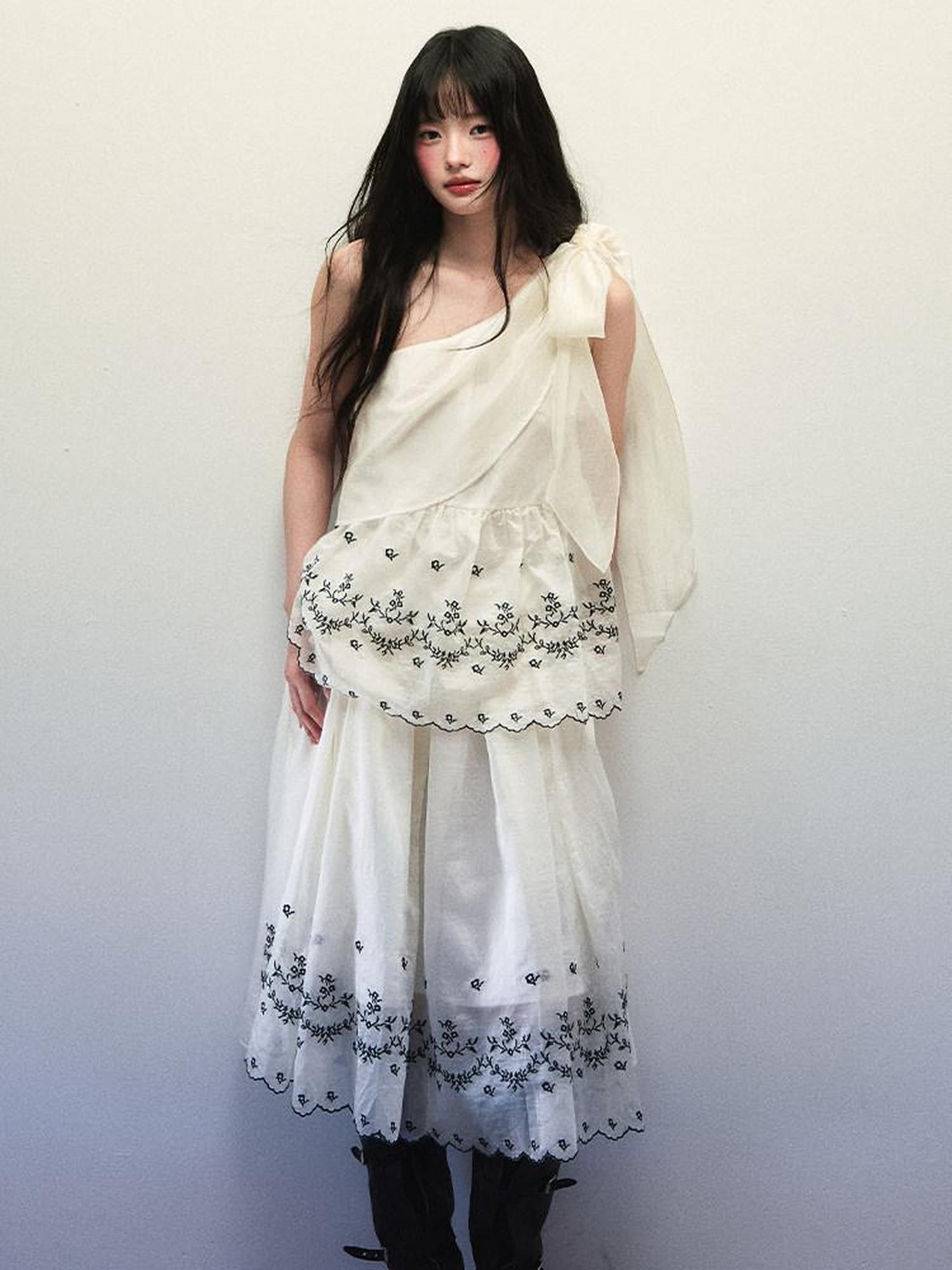 1P STUDIO Embroidered One Shoulder Tie Gathered Skirt Women&