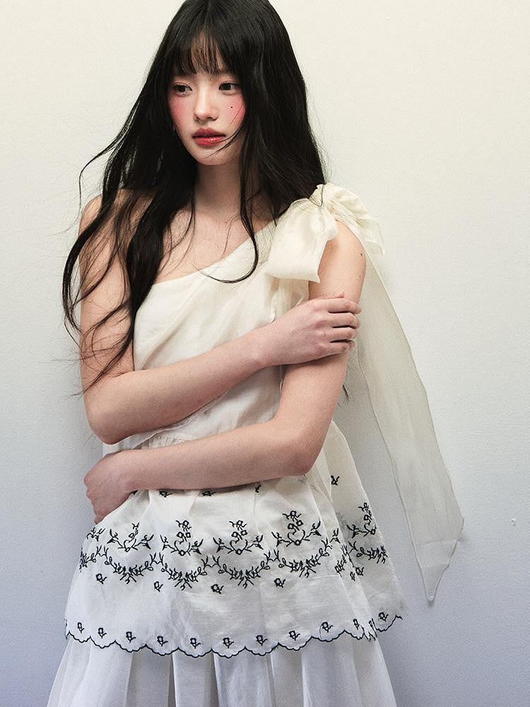 1P STUDIO Embroidered One Shoulder Tie Gathered Skirt Women&