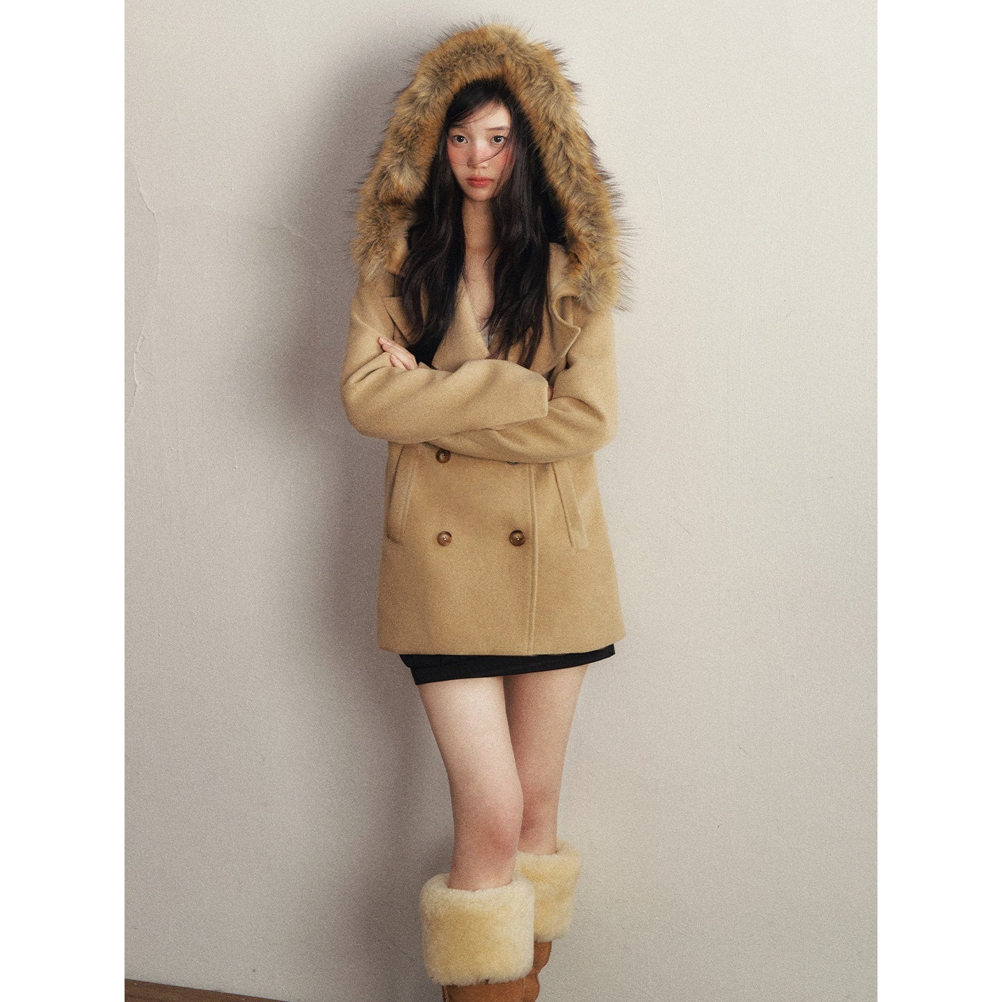 1P_STUDIO_Faux_Fur_Collar_Double_Breasted_Hooded_Slim_Women&