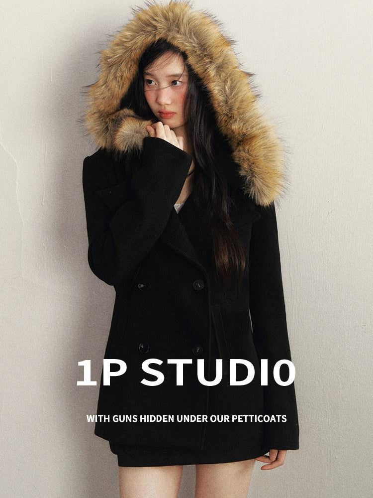 1P STUDIO Faux Fur Collar Double Breasted Hooded Slim Women&