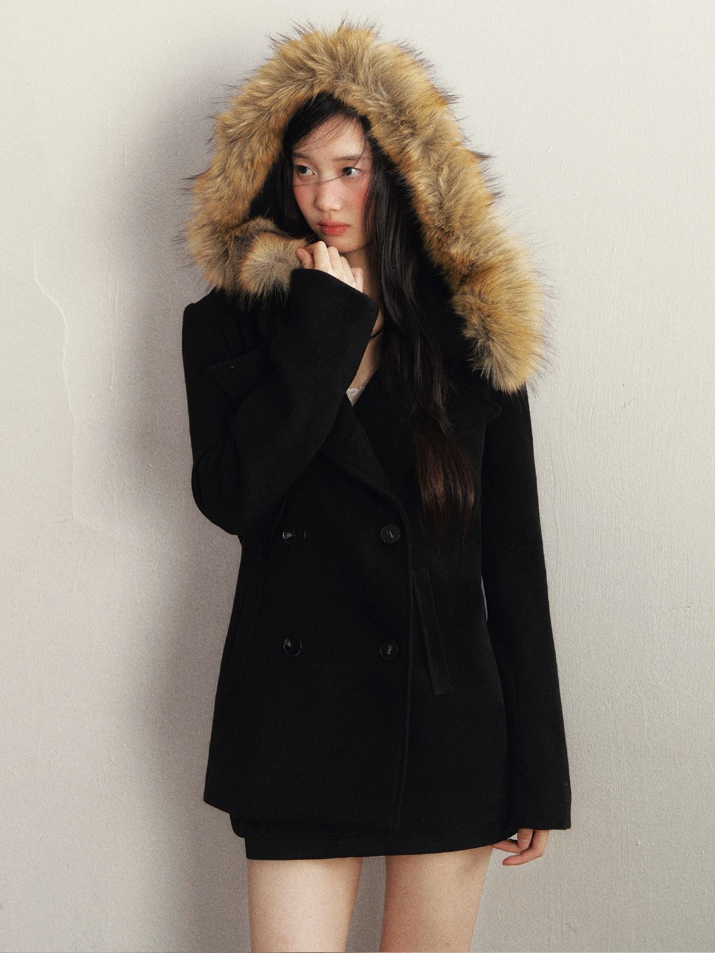 1P STUDIO Faux Fur Collar Double Breasted Hooded Slim Women&