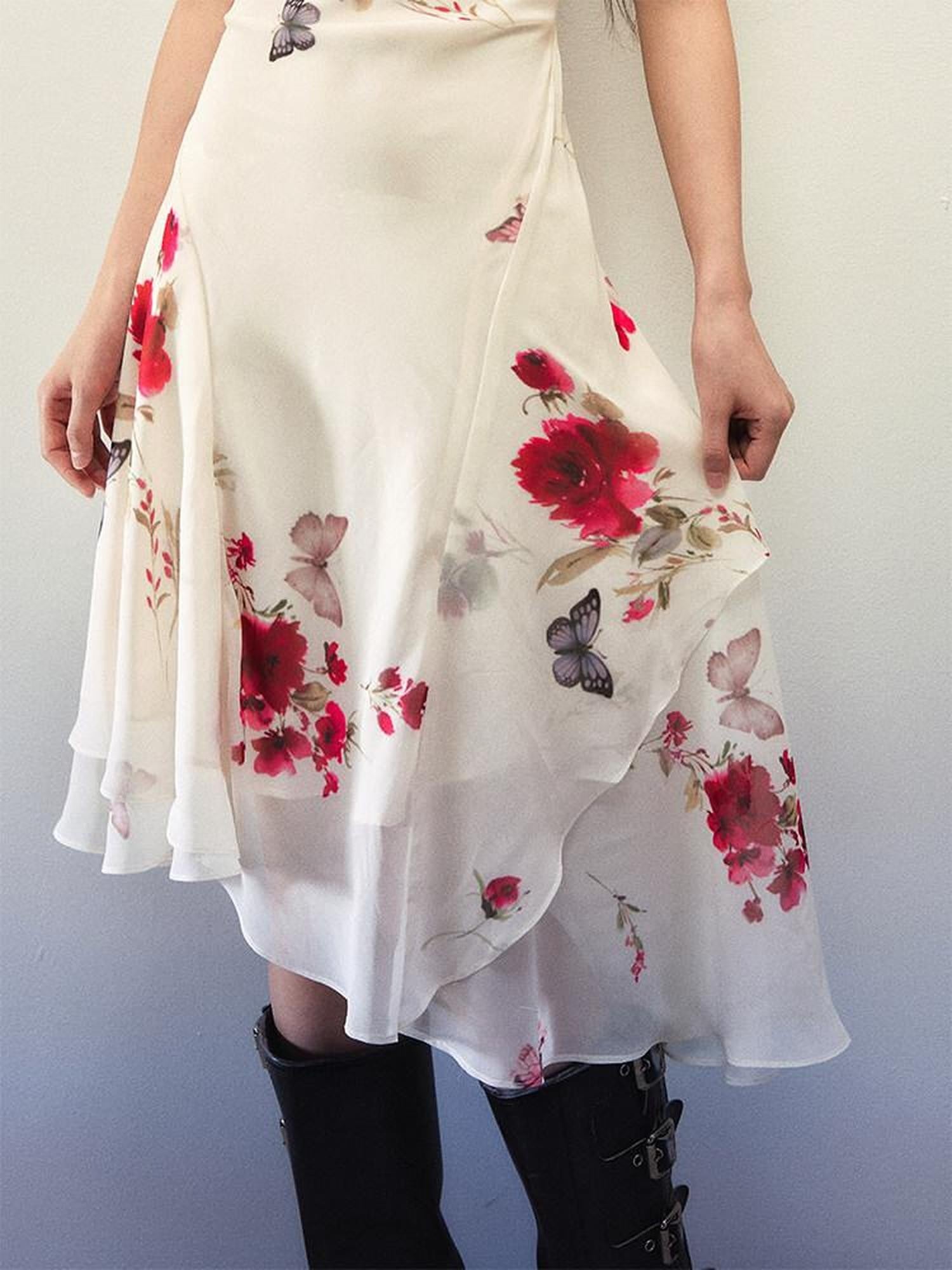 1P STUDIO Floral Butterfly Print Cowl Neck Asymmetric Hem Women&