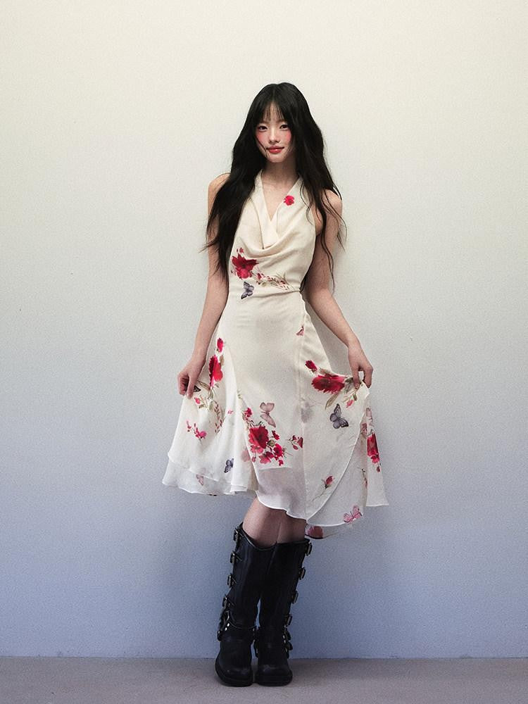 1P STUDIO Floral Butterfly Print Cowl Neck Asymmetric Hem Women&
