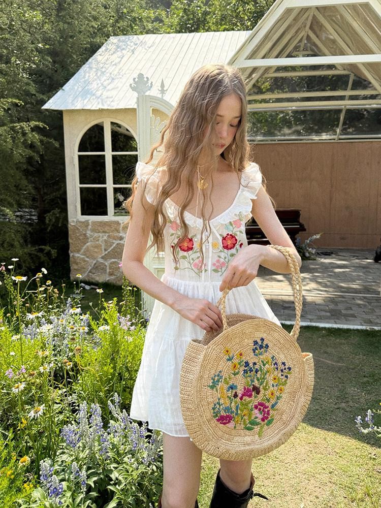 1P STUDIO Floral Embroidered Flutter Sleeve V-neck Tie Women&